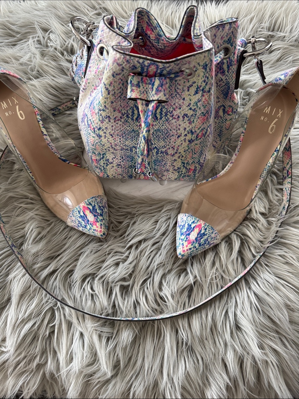Mix No. 6 Multicolor Snakeskin-Print Pointed Toe Pumps with Matching Bag